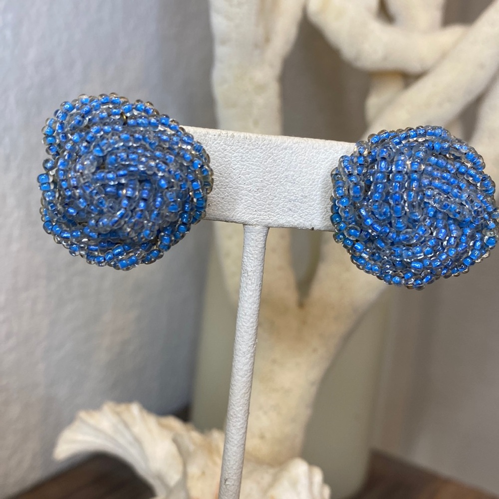 Vintage Tiny Lt Blue Knot Beaded Clip Earrings
